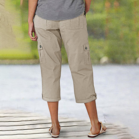 Multi-Pocket Solid Color Casual Cargo Capri Pants